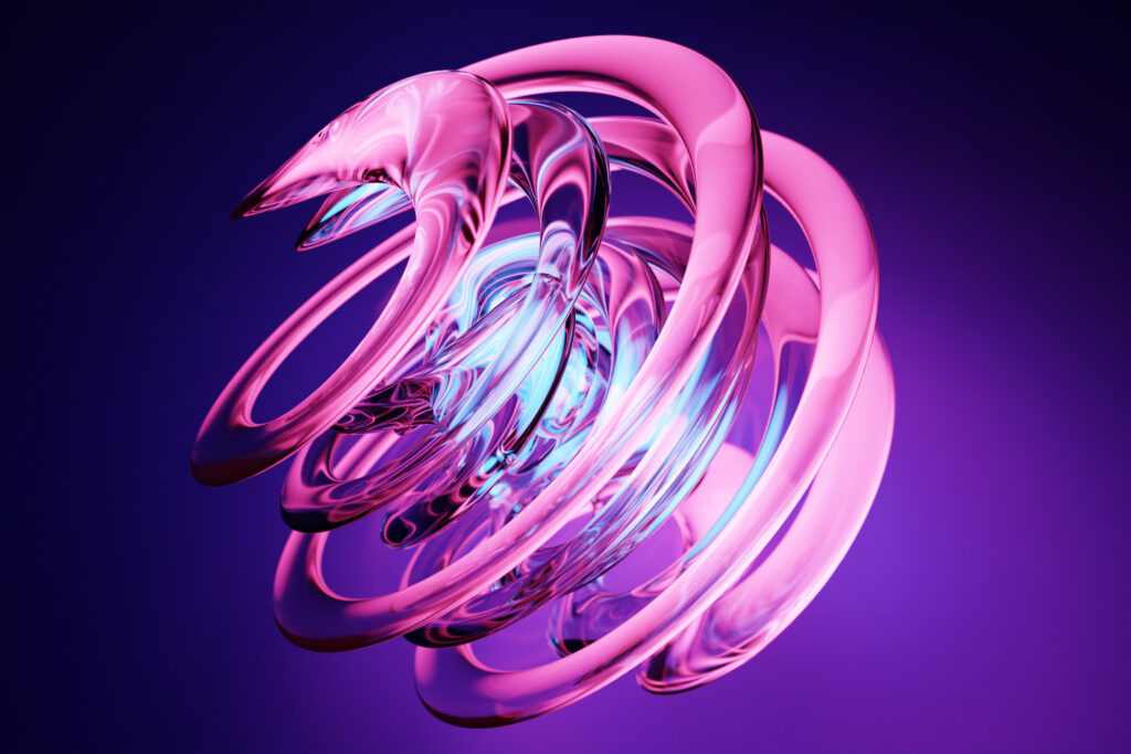 Abstract dynamic pink neon  shape with blue smooth objects, sides. 3D illustration and rendering. Elegant line background.