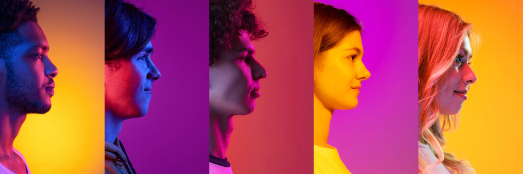 Collage of profile view faces of young men and women looking ahead over multicolored background in neon light. Concept of emotions, facial expression, fashion, beauty.