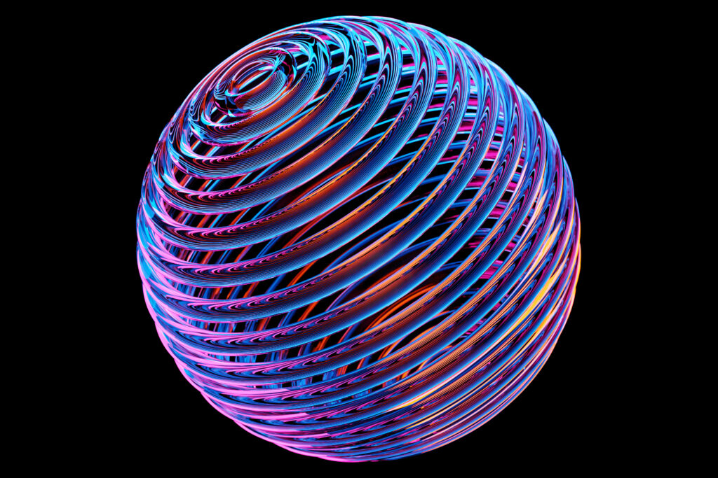 3D illustration of a colorful  sphere with many faces and holes on a black background. Cyber ball sphere